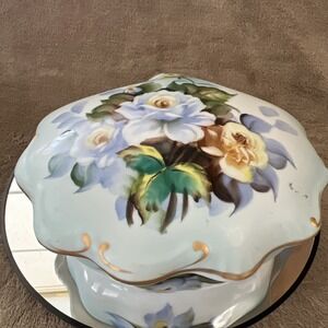 Vintage 1950s Ucagco Japan Floral Hand Painted Trinket Box 3" X 6" MCM